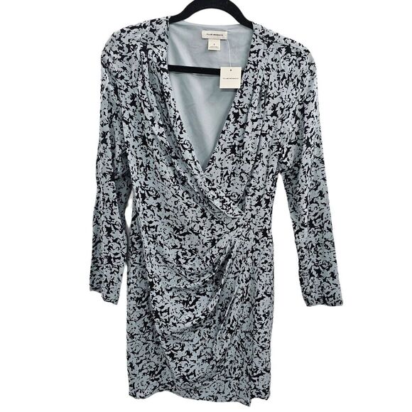 Club Monaco Wrap Dress Womens Size 2 Side Drape Mini Silk Black Blue Work Date - Picture 2 of 13